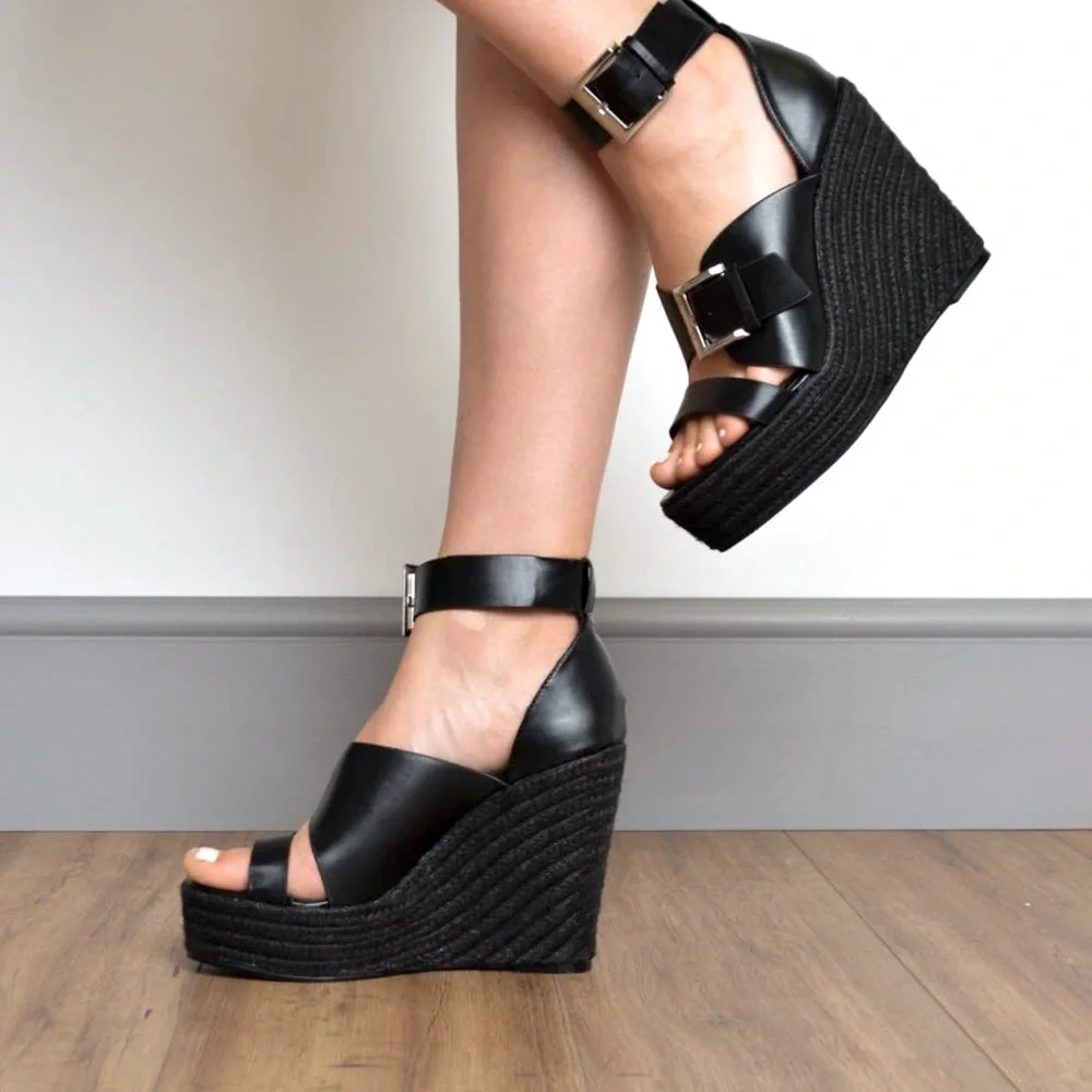 Fabulous Black Buckle Strap Wedges - Picture 1 of 4